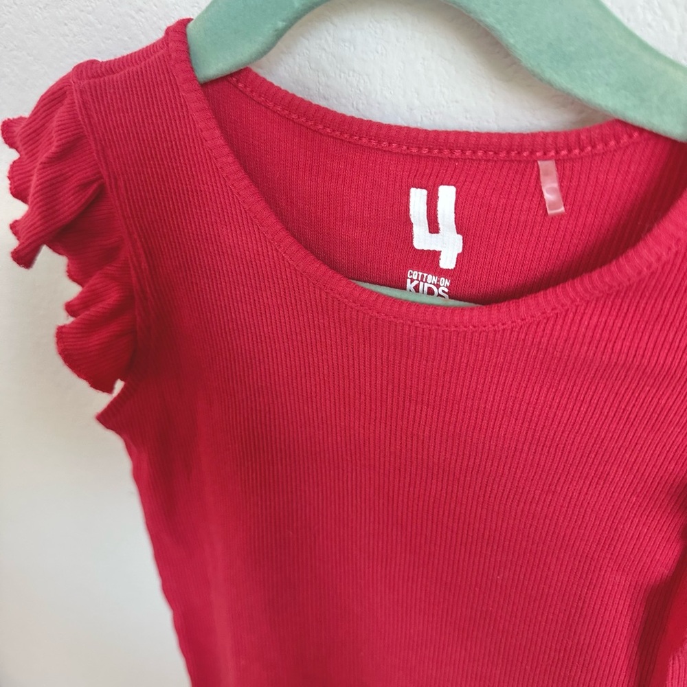 Girls Red Ribbed Ruffle Sleeve Tank Top - Picture 2 of 3